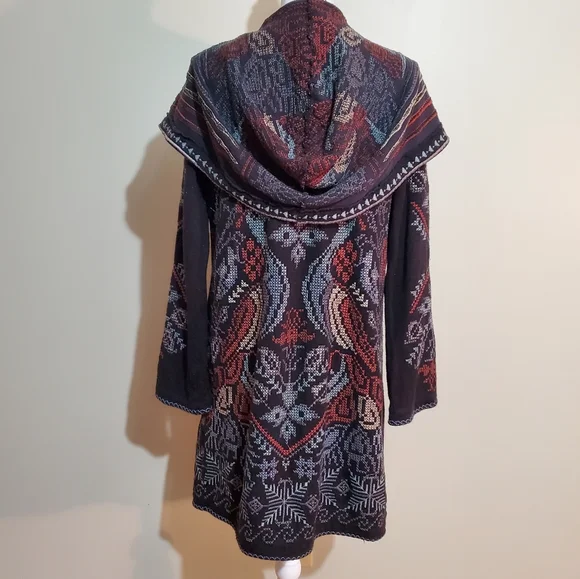 Johnny Was Biya cotton/wool blend black embroidered hooded cardigan sweater. S. - Picture 4 of 14